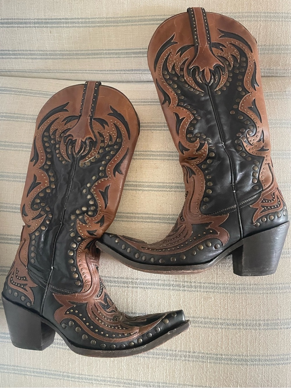 Corral Women's G1072 Black Cognac Studded Leather Tall Western Boots 7.5 M